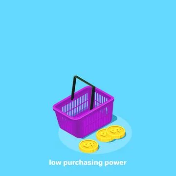 Low purchasing power, purple basket and gold coins lying next to a blue backg Ilustración de archivo