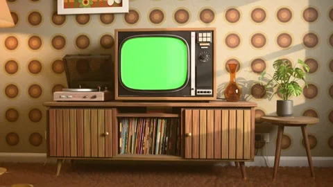 Low Push Over Coffee Table Towards Retro TV Stock Footage 348079590