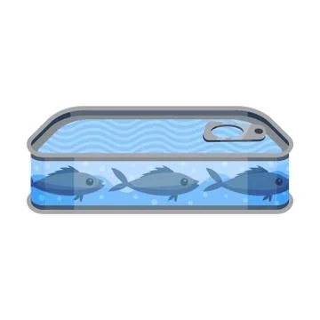 Low rectangular tin can with fish. Vector illustration on white background. Stock Illustration