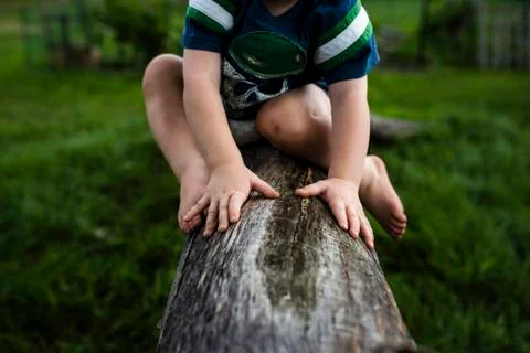 Low section of boy sitting on log in backyard Stock Photos