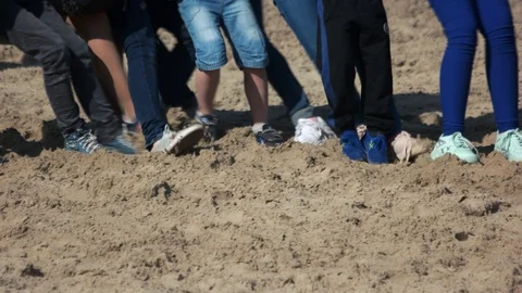 Low section group of people pull the rope outdoors. Stock Footage 113917631
