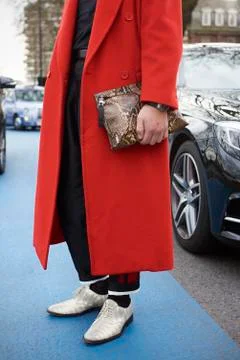 Low section of man in red overcoat holding a snakeskin bag Stock Photos