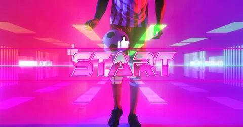 Low section of start text and caucasian soccer player with abstract neon, copy Illustrazione stock