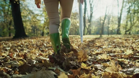 Low section of woman's legs wearing rain boots walking in forest with umbrella Stock-Footage 233564283