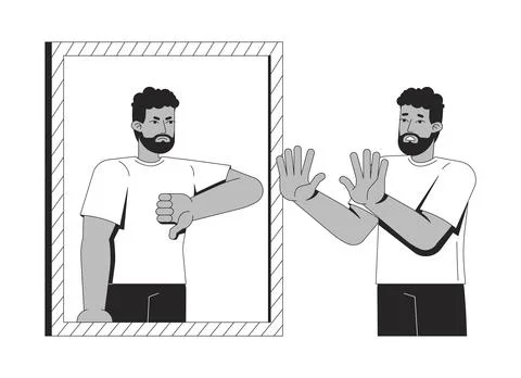Low self esteem mirror line illustration concept Stock Illustration