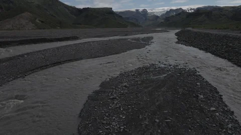 Low shots over river Krossa revealing Thorsmork, Iceland, 4K 스톡 동영상 243901419