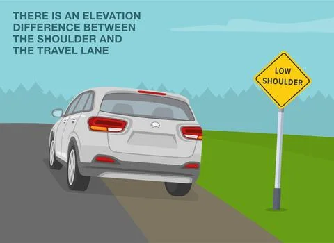 "Low shoulder" sign area. Back view of suv stopped on shoulder. Stock Illustration