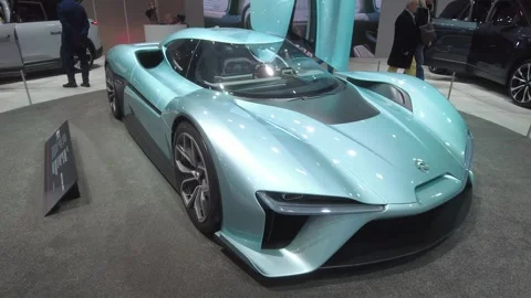 Low slung sky blue nio ep9 electric hypercar centerpiece display 2026 brussels Stock Footage 328208053