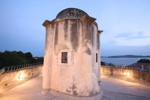 A low stone tower on the observation deck of the sea coast. Croatia. Stock Photos