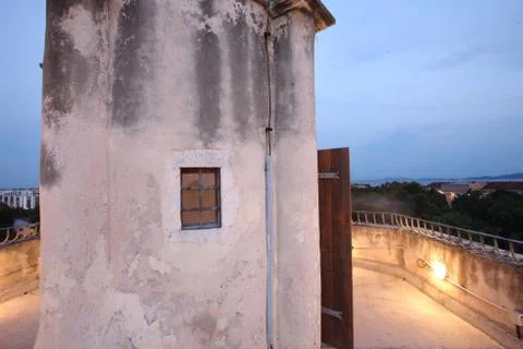 A low stone tower on the observation deck of the sea coast. Croatia. Stock Photos