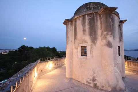 A low stone tower on the observation deck of the sea coast. Croatia. Stock Photos