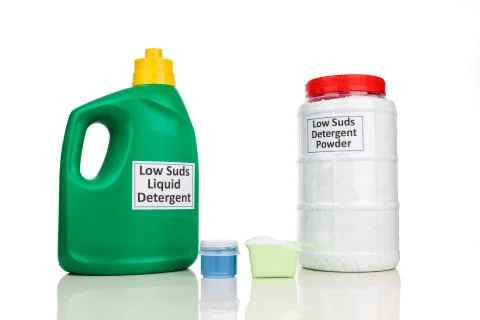 Low suds  laundry detergent for front load washing machine against white back Stock Photos