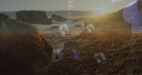 Low sun glare causing faint data overlays appearing over rocky shore and surf, Vidéo 329785885