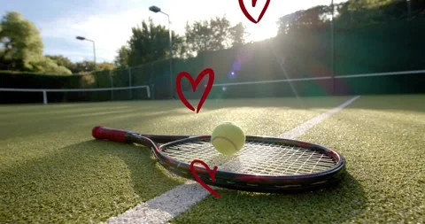 Low sun glare creating drawn hearts rising as tennis ball lifting on racket Video stock 320956356