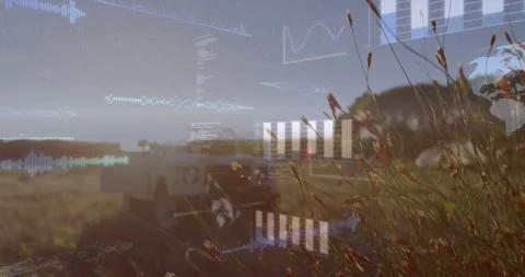 Low sun sparking tech overlays rising over parked white truck, animating Stock Footage 334038944