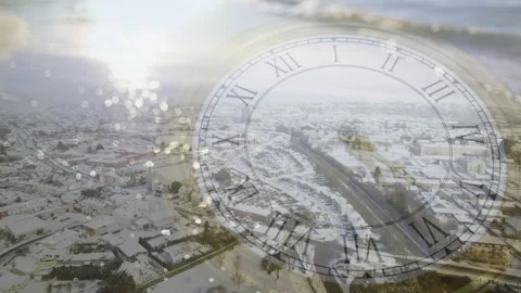 Low sun starting aerial pan, translucent clock changing hands and opacity, Stock Footage 329551611