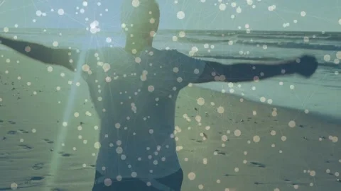 Low sun urging senior man walking, stretching, lifting arms, running toward Stock Footage 333830419