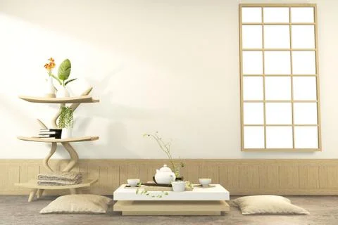 Low table and pillow interior mock up Chinese style Room interior. 3D renderi Stock Illustration