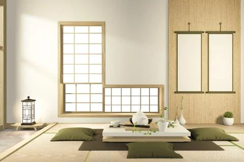 Low table and pillow interior mock up Chinese style Room interior. 3D renderi Stock Illustration