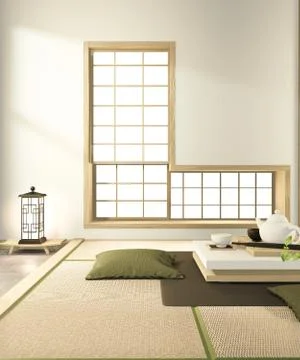 Low table and pillow interior mock up Chinese style Room interior. 3D renderi Stock Illustration