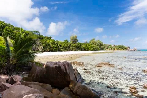 Low tide at anse severe in la digue, seychelles with palm trees and granite r Stock Photos
