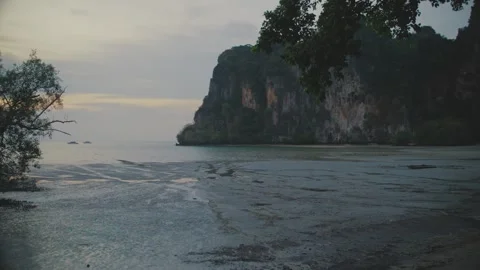 Low Tide On Beach At Railay In The Evening. Parallax Shot Revealing Views Stock Footage 277183826