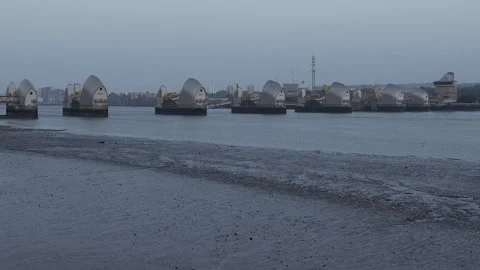 Low tide front view of Thames Barrier flood protection, London, UK Video stock 284160806