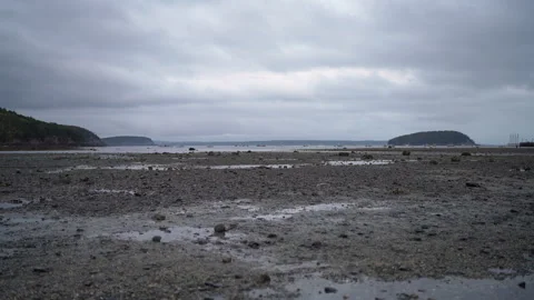 Low Tide Mudflats Bar Harbor Maine Harbor Boats Acadia Coast Overcast Day 4K Stock Footage 332452129