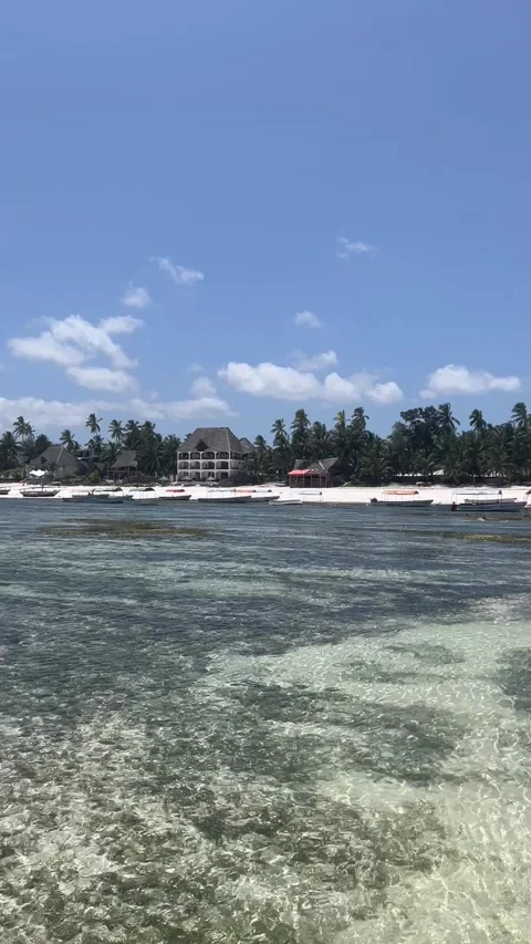 Low tide ocean view with boats at Matemwe beach Zanzibar vertical video Vidéo 344187860