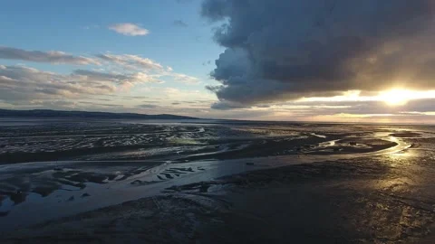 Low Tide River Dee Thurstason UK Drone Aerial View Stock Footage 132253928