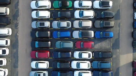 Low Top Down Drone Flight Over Rows of Cars at Automotive Terminal 스톡 동영상 346613984