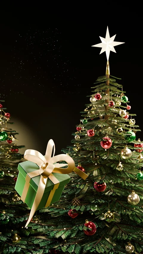 Low Vertical Angle on Floating Christmas Gift Box, Vertical 9:16 4K Vidéo 347572519