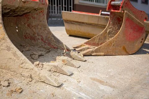 Low view on excavator's buckets, various types, different sizes and purpose Stock Photos