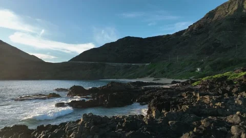 A low view of Makapu'u beach park along the South East coast of Oahu Stock Footage 219521817