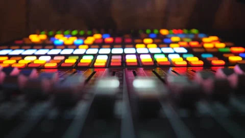 Low view of moving buttons on dj remote or soundboard. Working process Stock Footage 315164682