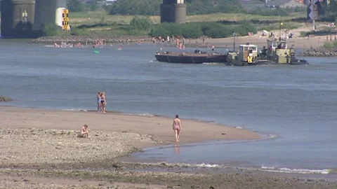 Low water level river Rhine. People sunbathing. Push boat passing. Stock Footage 166566674