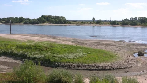 Low water level River Rhine, following unusually dry weather in river catchment Stock Footage 205465174