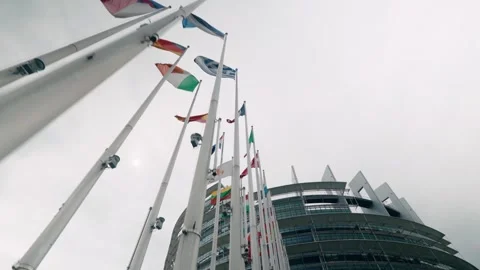 Low wide angle watching EU flags outside the European Parliament in Strasbourg Vidéo 318334029