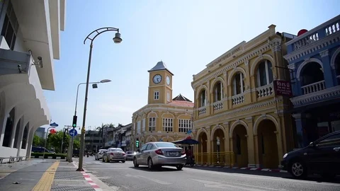 Low Wide View of Clock Tower, Phuket Town, Thailand Stock Footage 85414428