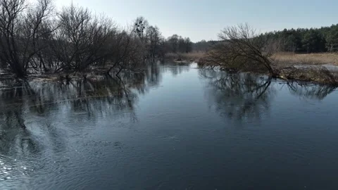 Low‑altitude forward drone flight over a flooded river landscape 스톡 동영상 330536615