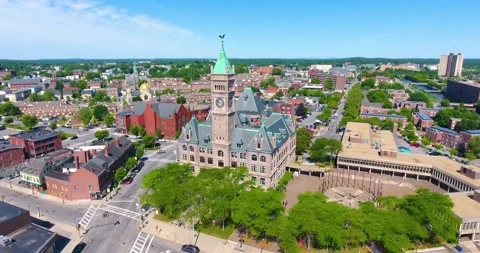 Lowell City Hall and downtown aerial view in downtown Lowell, MA, USA Stock Footage