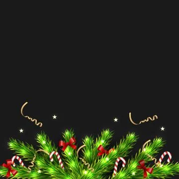 Lower border of Christmas tree branches with decorations Stock Illustration