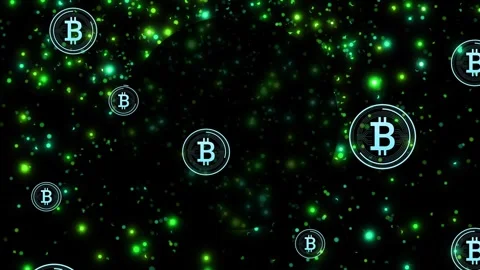 Lower-center coin appearing, Bitcoin coin icons drifting scaling pulsing forming Stock Footage 334729054