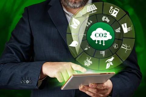 Lower CO2 emissions concept. Global warming and climate change limit Carbon and Stock Photos