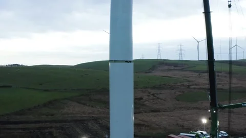 Lower drone angle footage of a wind turbine construction, 4K Stock Footage 179330389