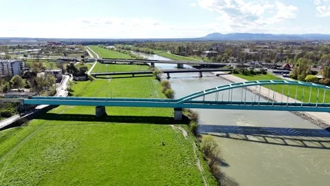 Lower drone flight towards the Sava river bridges in Zagreb Video stock 269951236