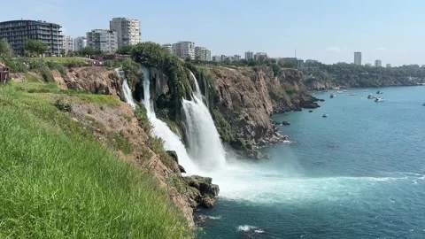Lower Duden Waterfall with Antalya Coast and Mediterranean Sea Stock Footage 344038015