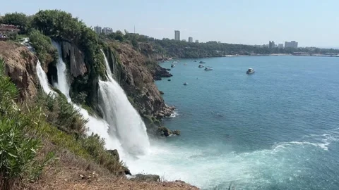 Lower Duden Waterfall Cascading Into Mediterranean Sea in Antalya Stock Footage 344038019