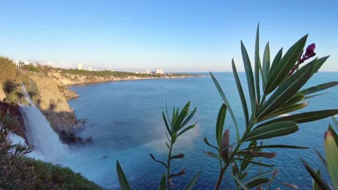 Lower Düden Waterfall Framed by Tropical Plants in Antalya Видео 333480046