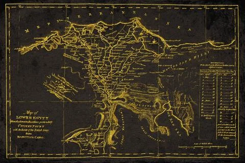 Lower Egypt Antique Map with Nile Delta and Cairo Black And Gold Historical.. Stock Illustration